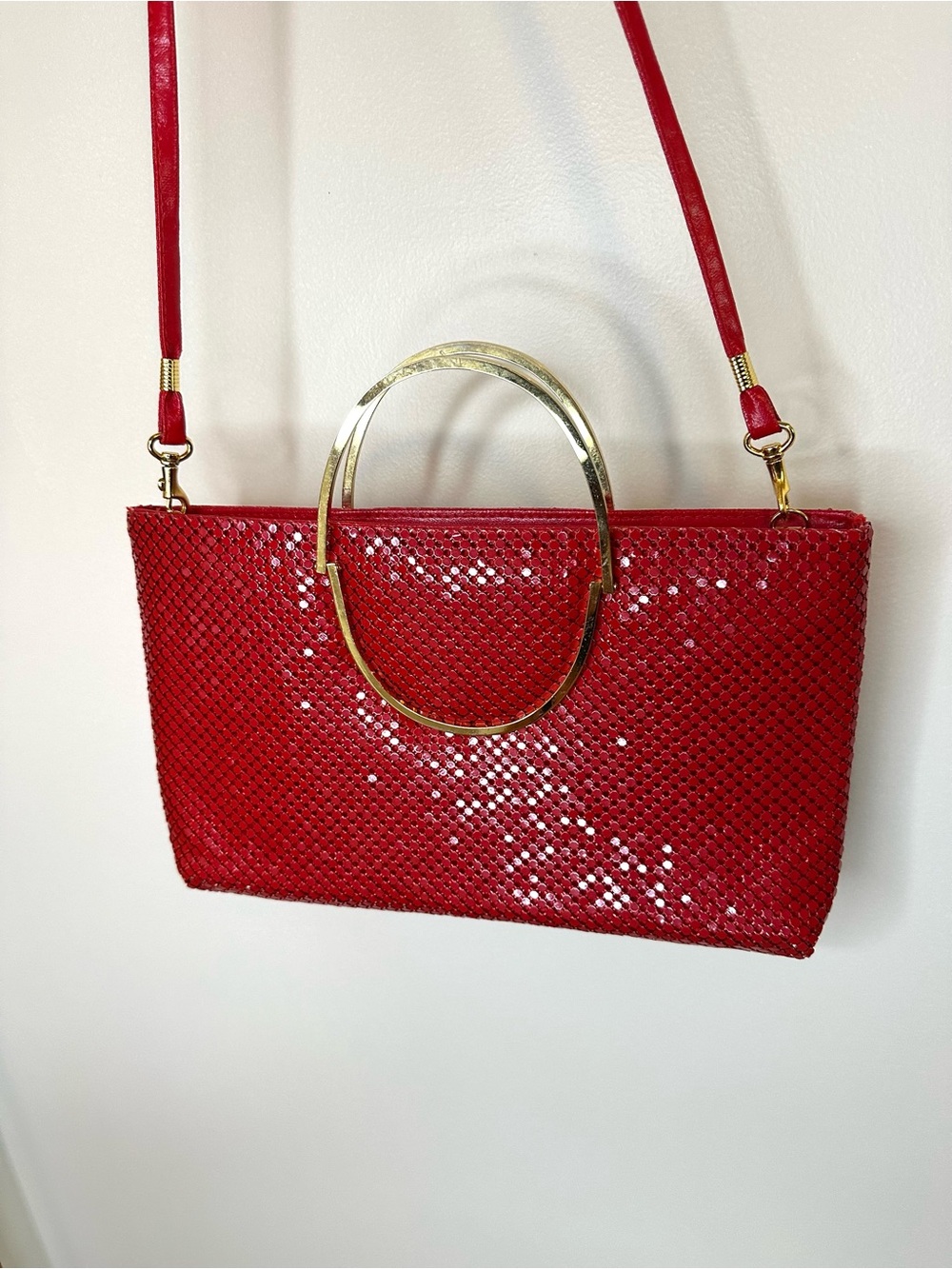 Red Vintage 80s Metal Bag with Gold Ring Handle by Y & S - alumesh